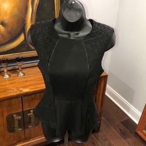 PEPLUM LACE AND FAUX LEATHER TRIM TOP